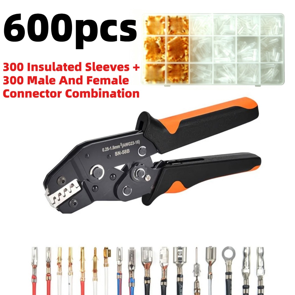 [300pcs Male Female Spade Connectors+300pcs Sleeve] Sn-28b Crimping Tool, 600pcs Crimping Pliers Plug Set, Crimping Range From Awg 23-16 To 0.25-1.5mm2 , Crimping Tool For Awg 23-16awg