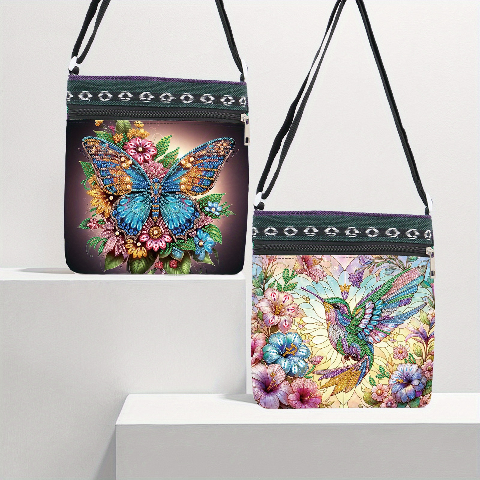 2pcs 5d Painting Kits Shoulder Bag, And Hummingbird Special Shape Crystal Partial Mosaic Crafts Shoulder Bag, Adjustable Shoulder Straps, Gift