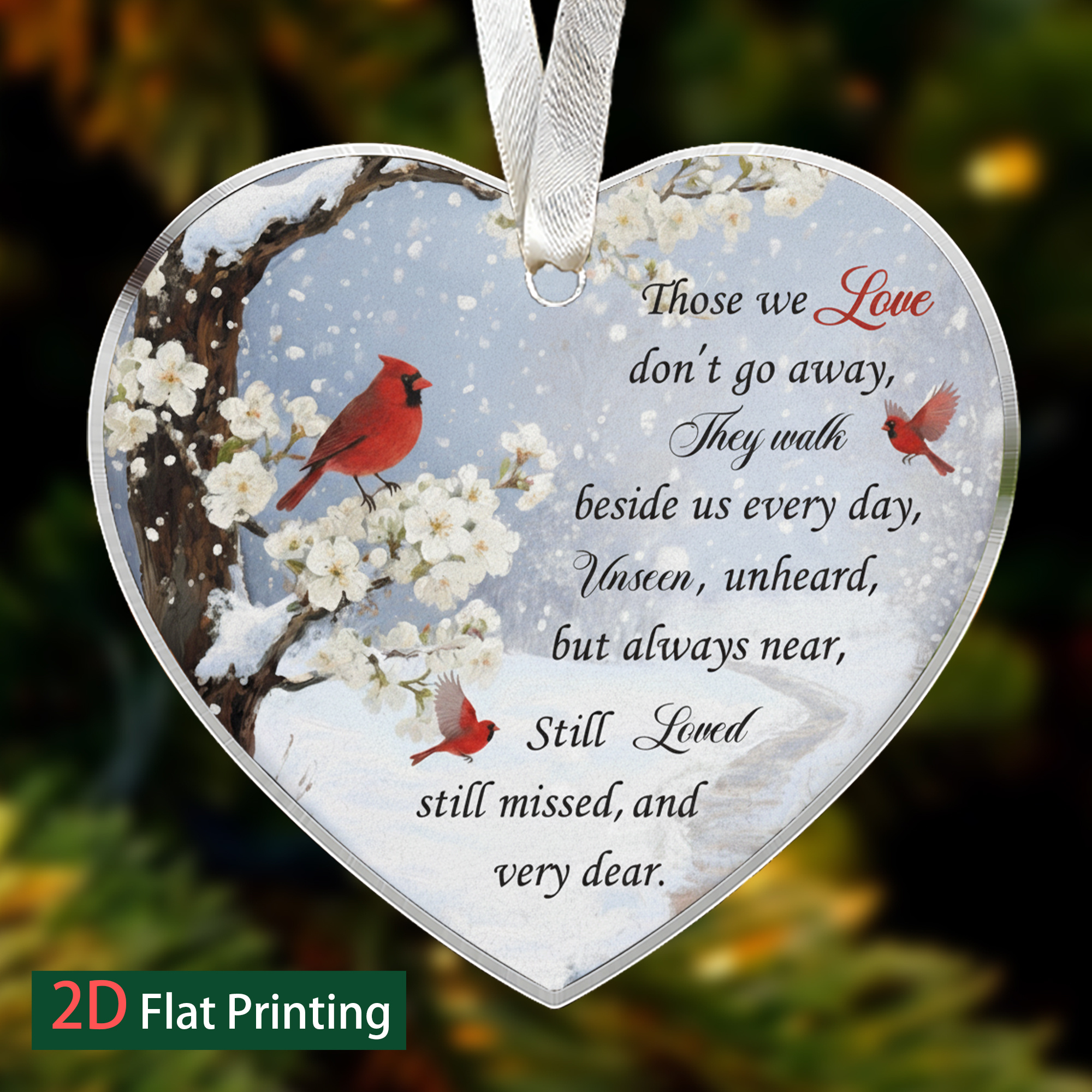 TEMU Plat 2D, Ornement commémoratif suspendu de cœur avec cardinal, pendentif en acrylique, décoration de sapin de Noël pour la perte d'un être cher,