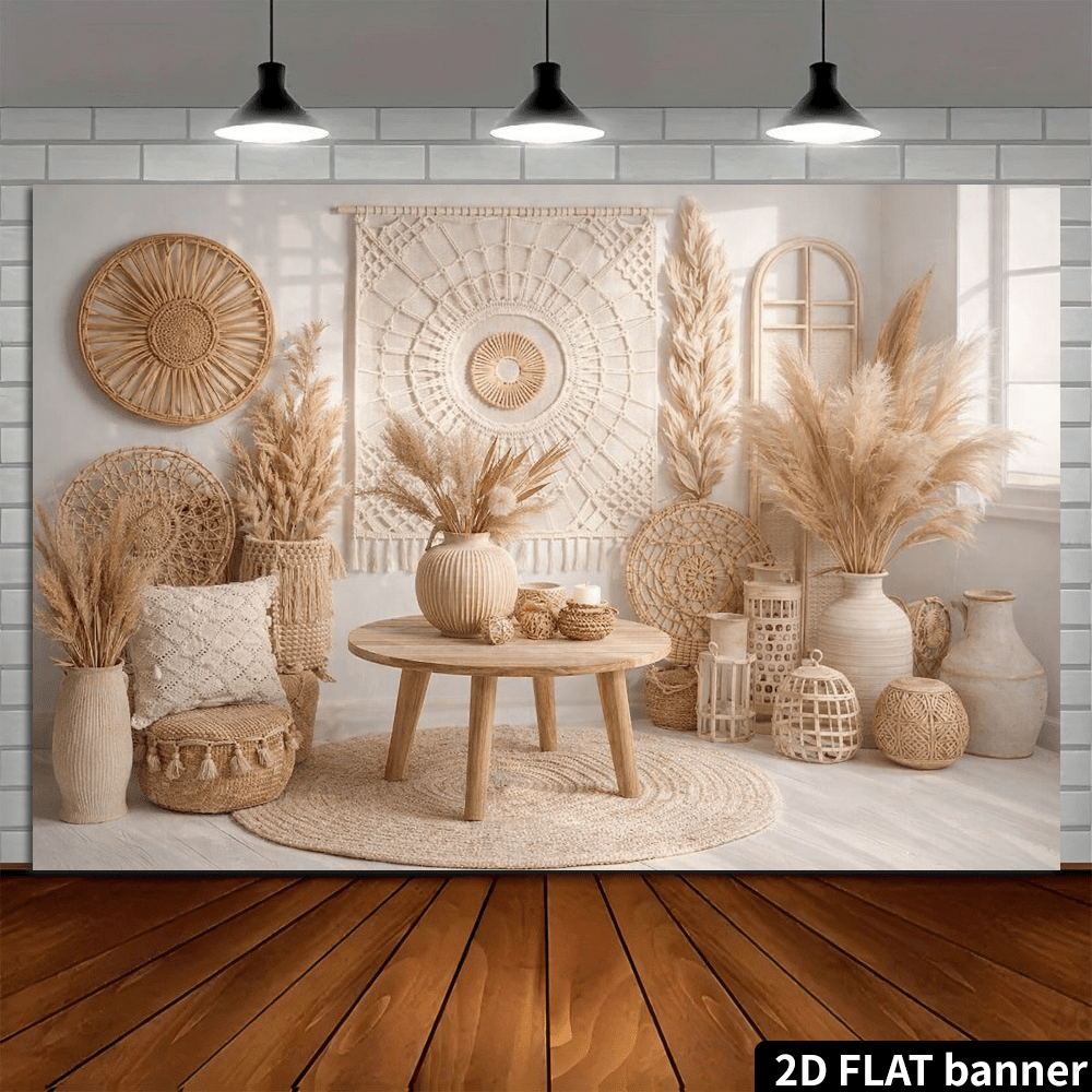 Fondo de sala de estar estilo Wabi-Sabi 2D con tapiz tejido a mano y decoración de pared circular de paja. Combinado con faroles de ratán, ramos de caña, jarrones de cerámica y una mesa baja de madera, el diseño general presenta tonos cálidos beige y madera natural. Acentuado con una alfombra suave