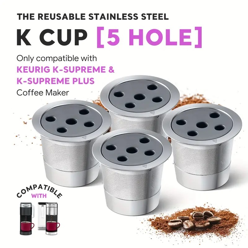 TEMU 4pcs Stainless Steel Reusable | 5-hole Mesh Design Refillable Coffee Filter Pods | Compatible With K- / | Durable & High-quality