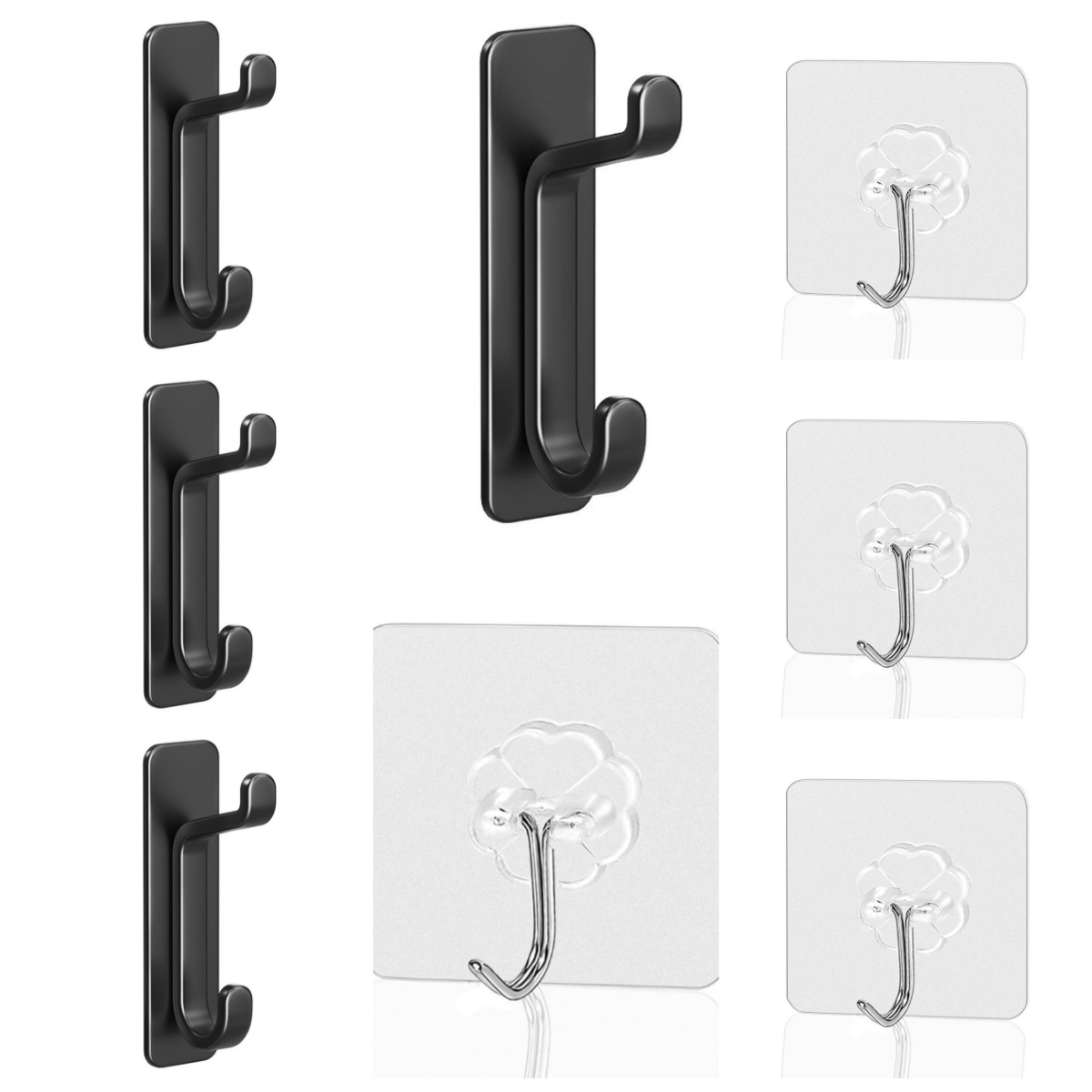 TEMU Lot de 8 crochets muraux adhésifs robustes : 4 crochets noirs + 4 crochets transparents. Crochets à serviettes pour salle de bain et cuisine.