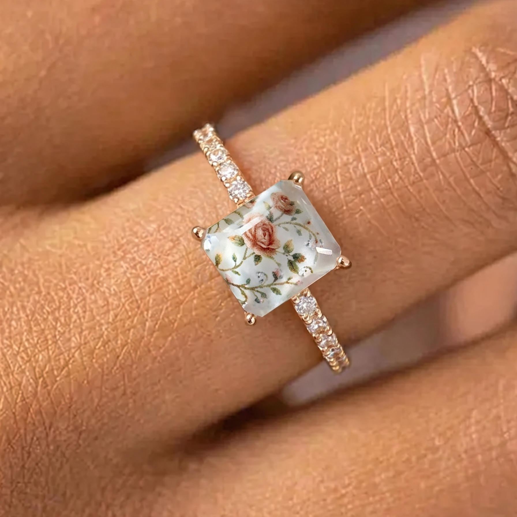 TEMU 1 Bague ouverte vintage de style français avec bisel à imprimé rose carré, bande sertie de pavés, bague réglable de style peinture à l'huile,