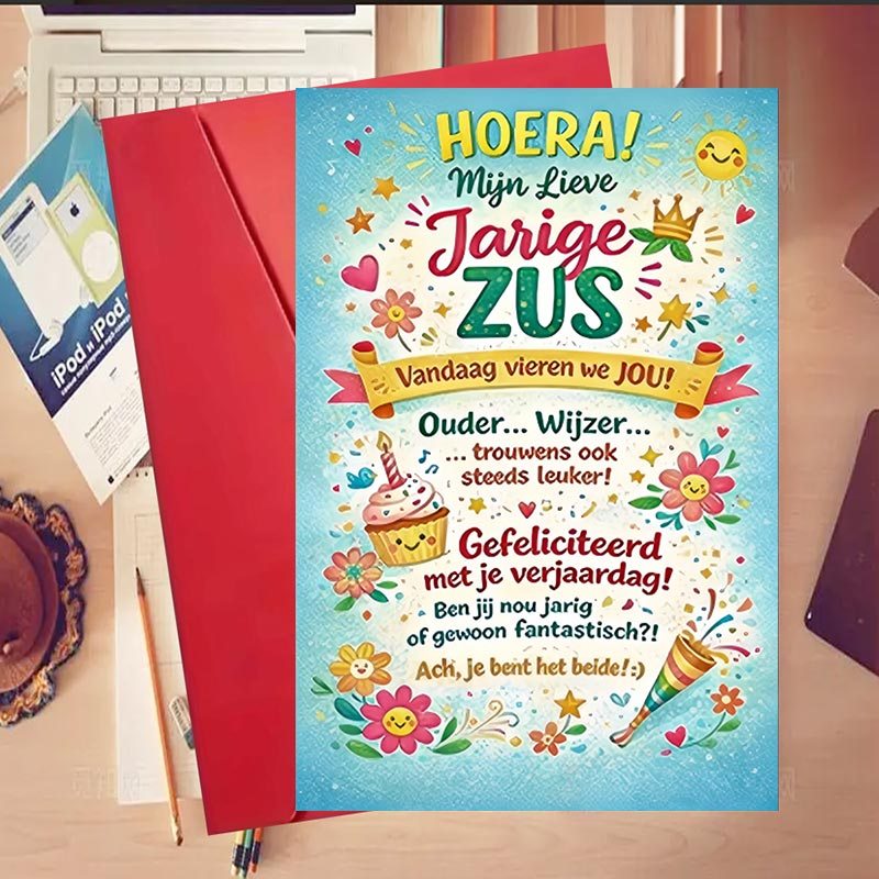 TEMU 1pc Greeting Card And 1pc Envelope Birthday Card For Dear Sister – Colorful Dutch- With Cupcakes, Flowers, Confetti, And Sunshine. Perfect For