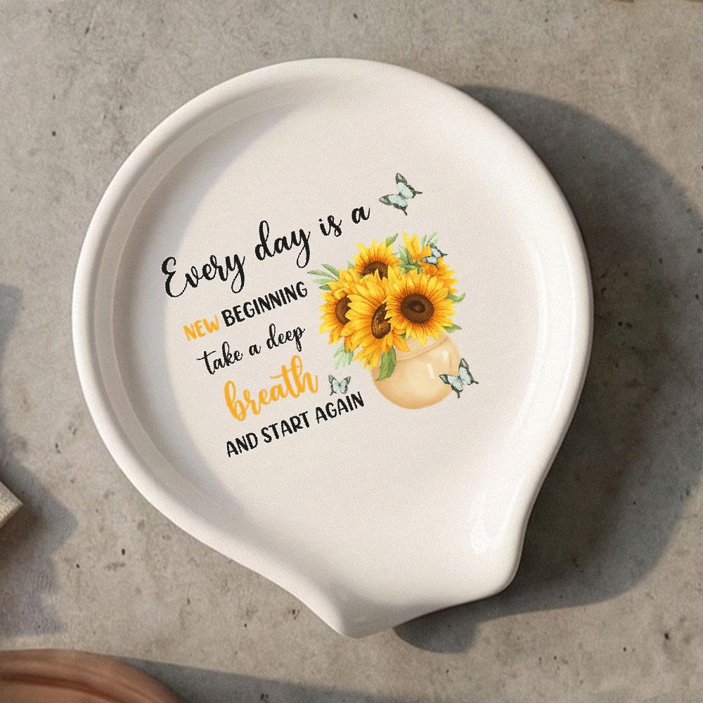 TEMU Sunflower & Ceramic Spoon Rest, Watercolor Inspirational Quote Design, Decorative White Utensil Rest For Kitchen Stovetop & Countertop, Ideal