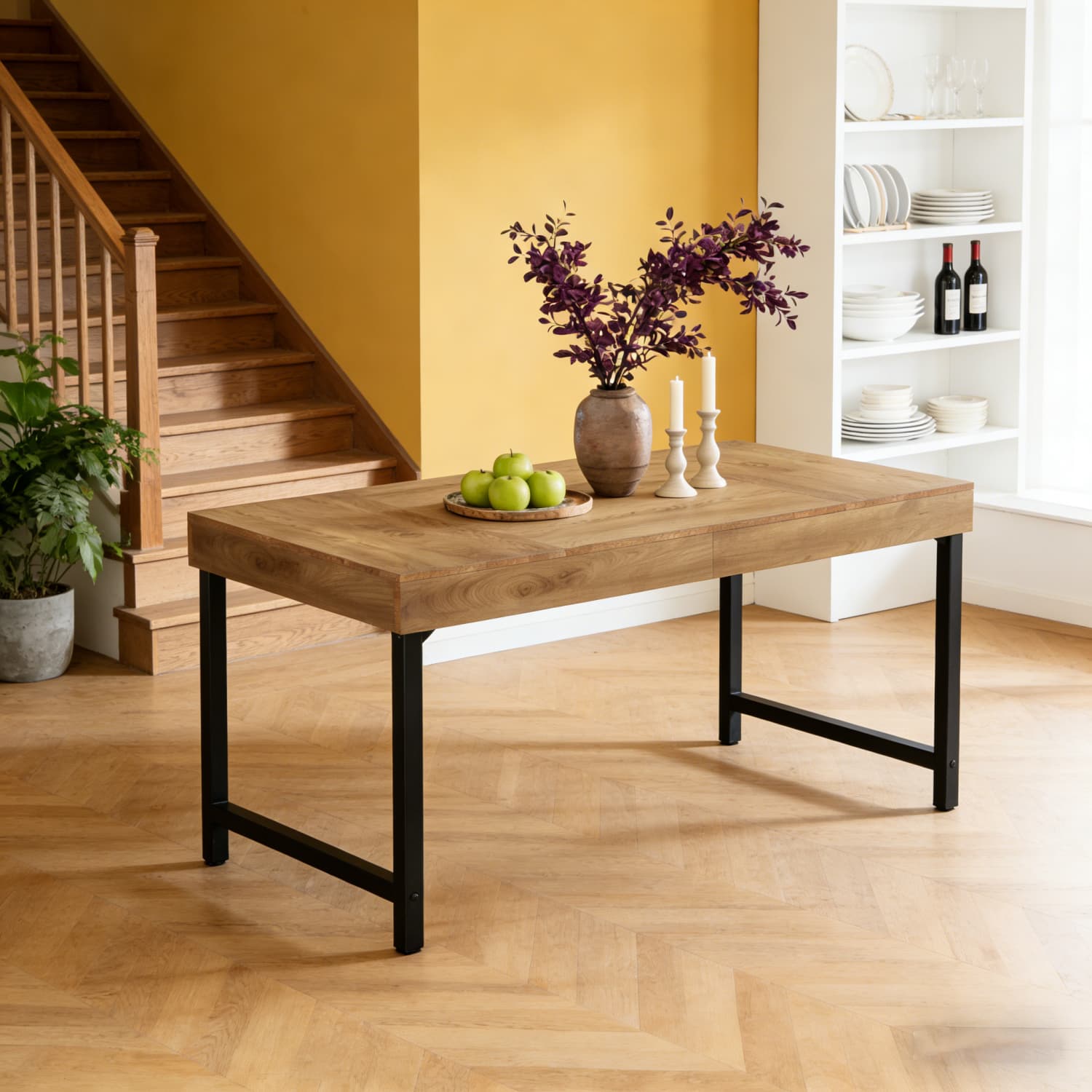 E-shop Landhaus Esstisch, Industrieller rechteckiger Küchentisch mit stabilen Metallbeinen, 140 cm Tisch für 4 bis 6 Personen, geeignet für Zuhause,