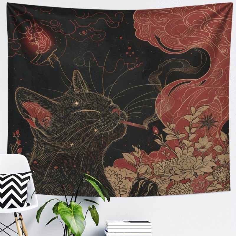 TEMU 1pc Chinese Style Black Cat Tapestry - Retro Horizontal Wall Hanging With Traditional Chinese Characters & Black Cat Art, Soft Peach Light Beige