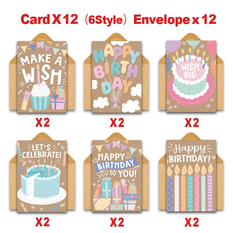 TEMU (12 cartes de vœux + 12 enveloppes) Cartes d'anniversaire colorées avec enveloppes, lot assorti parfait de cartes d'anniversaire pour toutes les