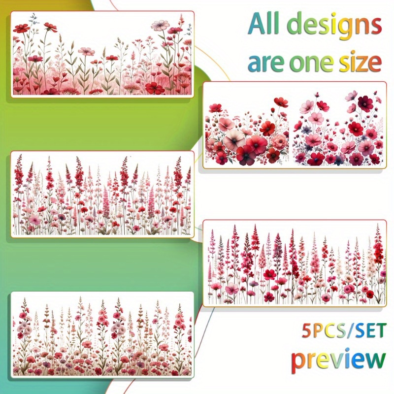 E-shop Set mit 5 roten Wildblumen UV DTF Vinylfolien, wasserfestes Transferpapier für 16 Oz Gläser, einfach zu verwenden, hochwertiges Bastelpapier