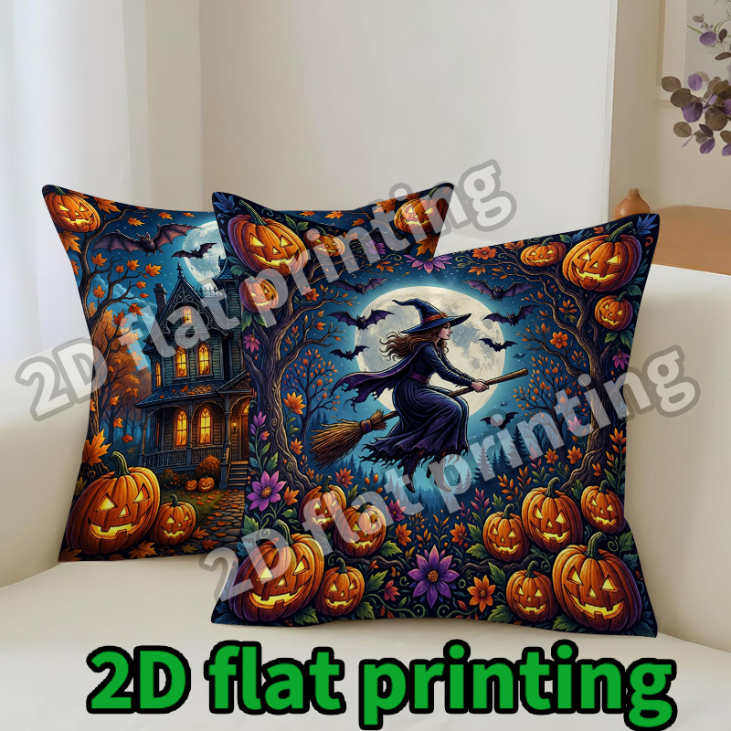 2 stuks hedendaagse 2d plat bedrukte kussenhoezen geschikt voor halloween heks vliegend op bezemsteel, pompoenlantaarns, volle maannacht, griezelig huis & herfstbosdecor - kussenslopen met ritssluiting, machinewasbaar voor herfstseizoengebonden huiselijke warmte, 2d plat
