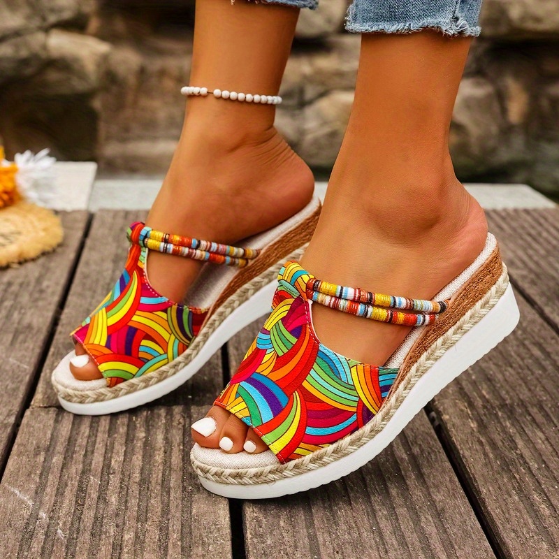 E-shop Damen Sommerfarbige Graffiti Keilabsatz Sandalen, Slip-On Espadrille High Heel Plateau Slides mit Geflochtenen Details für Strandausflüge,