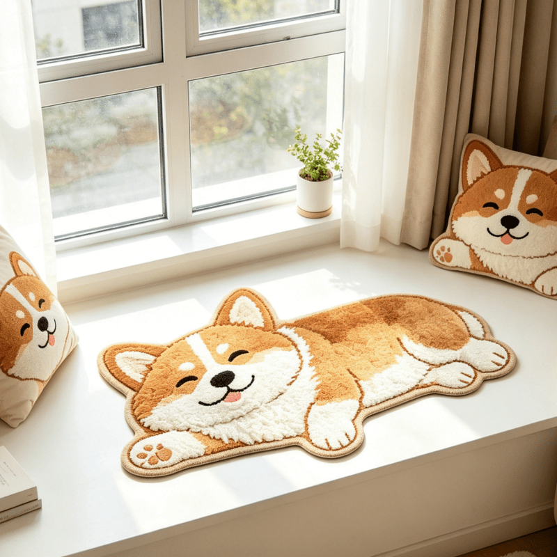 TEMU Imitation Cashmere 900g And 9mm [2d Flat] Cute Lying Tongue Corgi Shape Bedroom Bedside Plush Irregular Rug Soft Cartoon Style Warm Brown Corgi