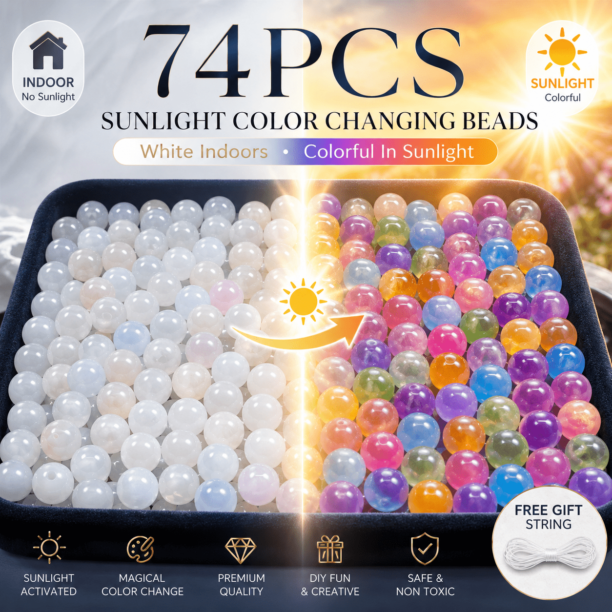 TEMU 74pcs Color Changing Beads Set, Sun Activated Jewelry Making Collection With Bonus Elastic String Included, Fun Craft Supplies For Bracelets,
