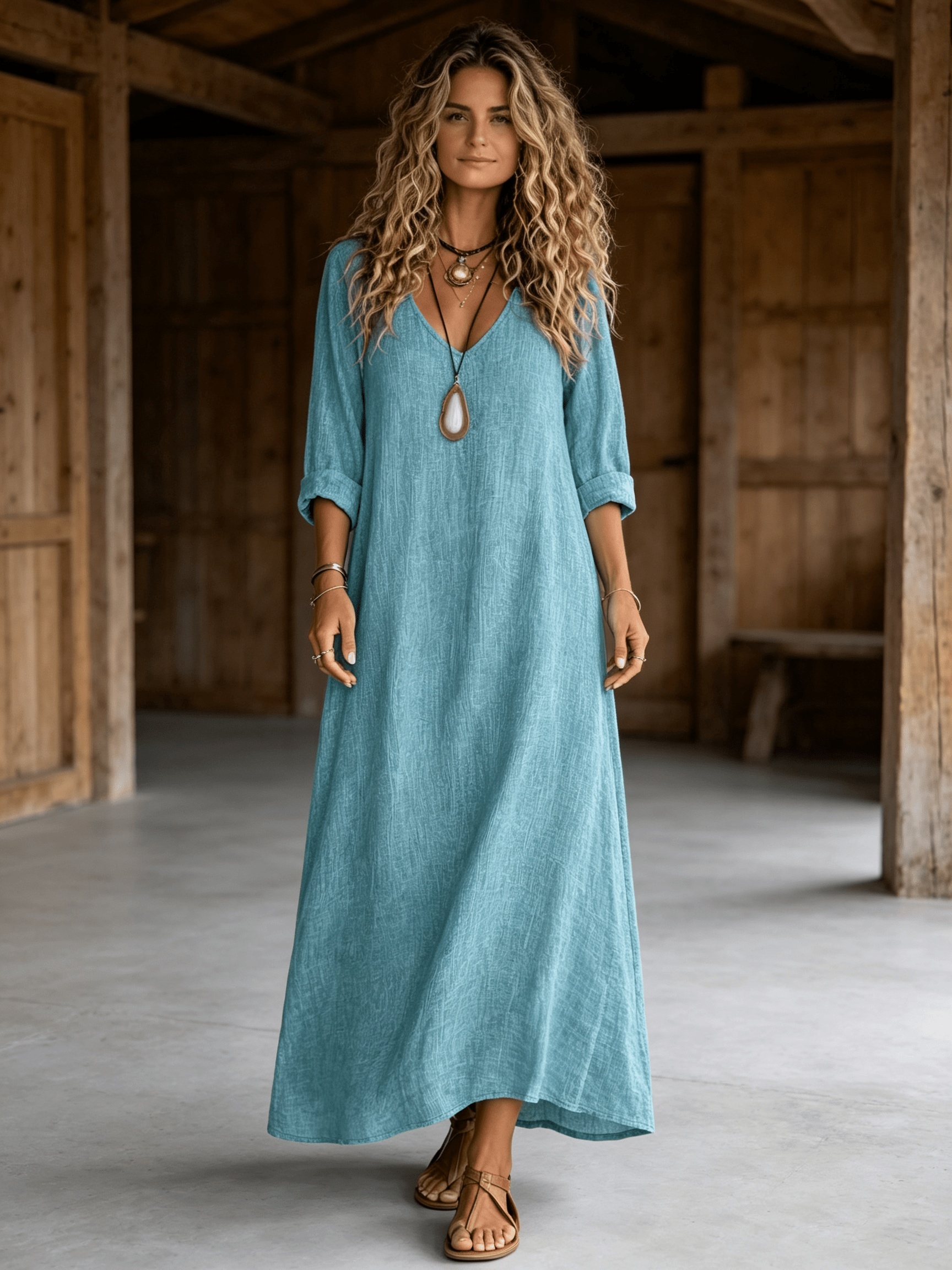 Women'S V-Neck Maxi Dress, Long Sleeve Loose Casual Dress, Solid Color Flowy A-Line Beach Dress with Relaxed Fit for * Casual * Party, And Everyday Wear