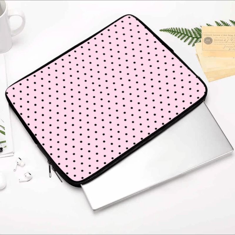 TEMU 1pc Light Pink Base Uniform Small Black Polka Dot Style Laptop Sleeve 10/12/13/15/17 Inch Universal Fresh Girly Classic Small Polka Dot