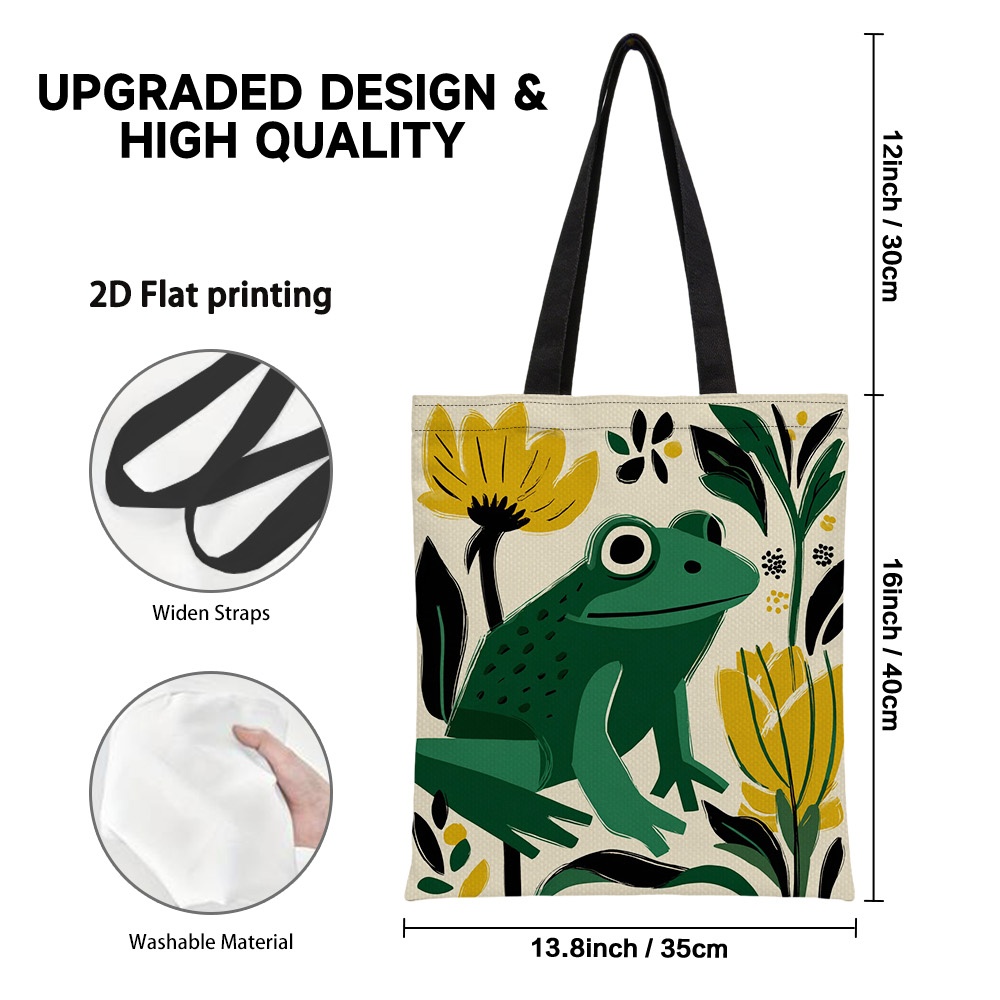 TEMU 1pc Frog Print Yellow Flower Tote Bag - Foldable Reusable Grocery Bag With Retractable Closure & Durable Shoulder Strap, Suitable For Shopping,