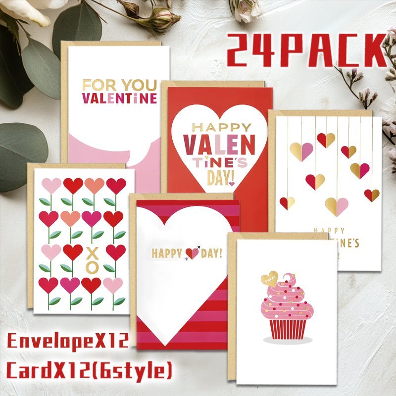 

24 Pack Assorted Valentine's Day Cards With Envelopes, Paper Material, Multi- Gift Cards For Family, Friends, , Couples