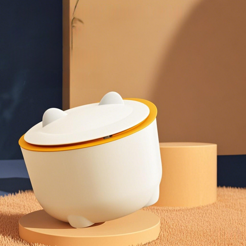 Vollständig geschlossener Geruchssicherer Katzenstreubehälter mit Kippschutz – Druckdeckel-Oval-Futtercontainer aus lebensmittelechtem PP für Büro & Schlafzimmer – Niedlicher Bärenförmiger Mini-Tischablage-Kotbehälter, leicht zu reinigen, geruchsresistentes Material, platzsparende Lösung