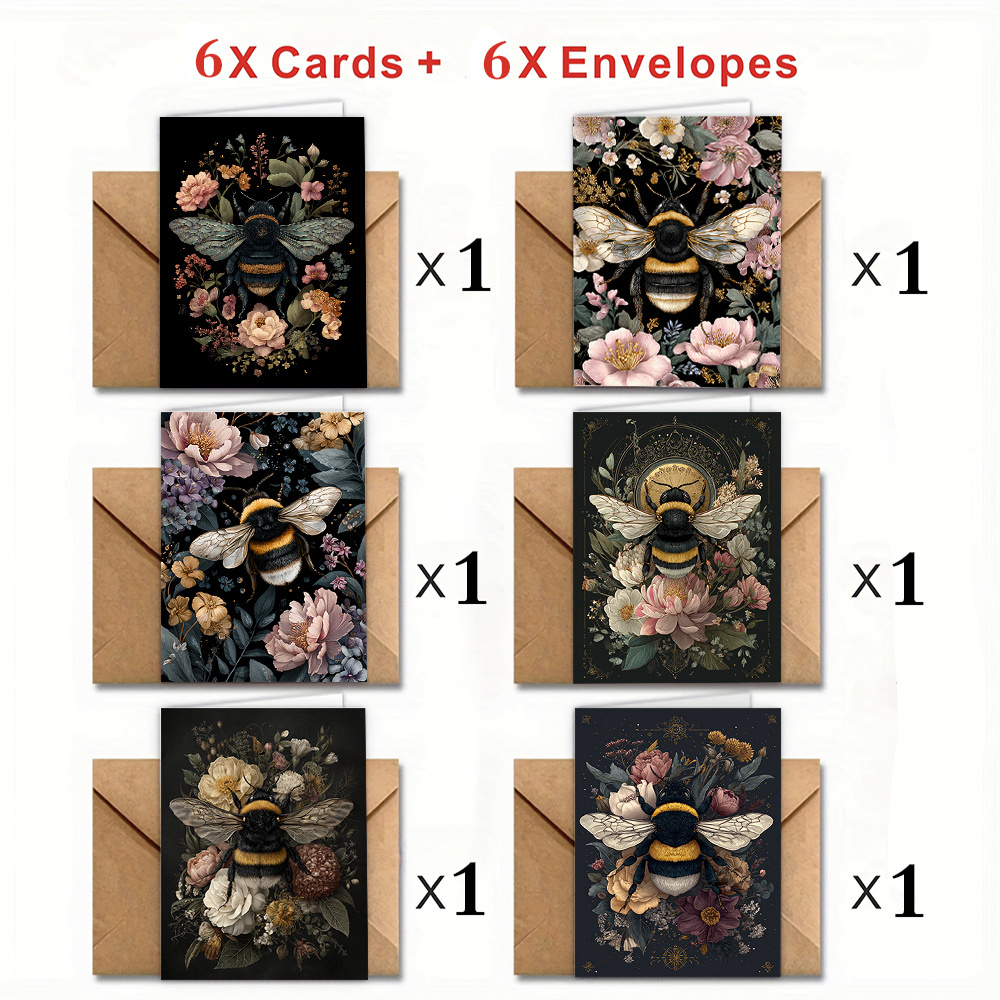 TEMU 12 st/24 st/48 st Wenskaarten met Bloemen- en Bijenpatroon, 6 Verschillende Elementensets (met Enveloppen) Geschikt voor Feestelijke Partijen,