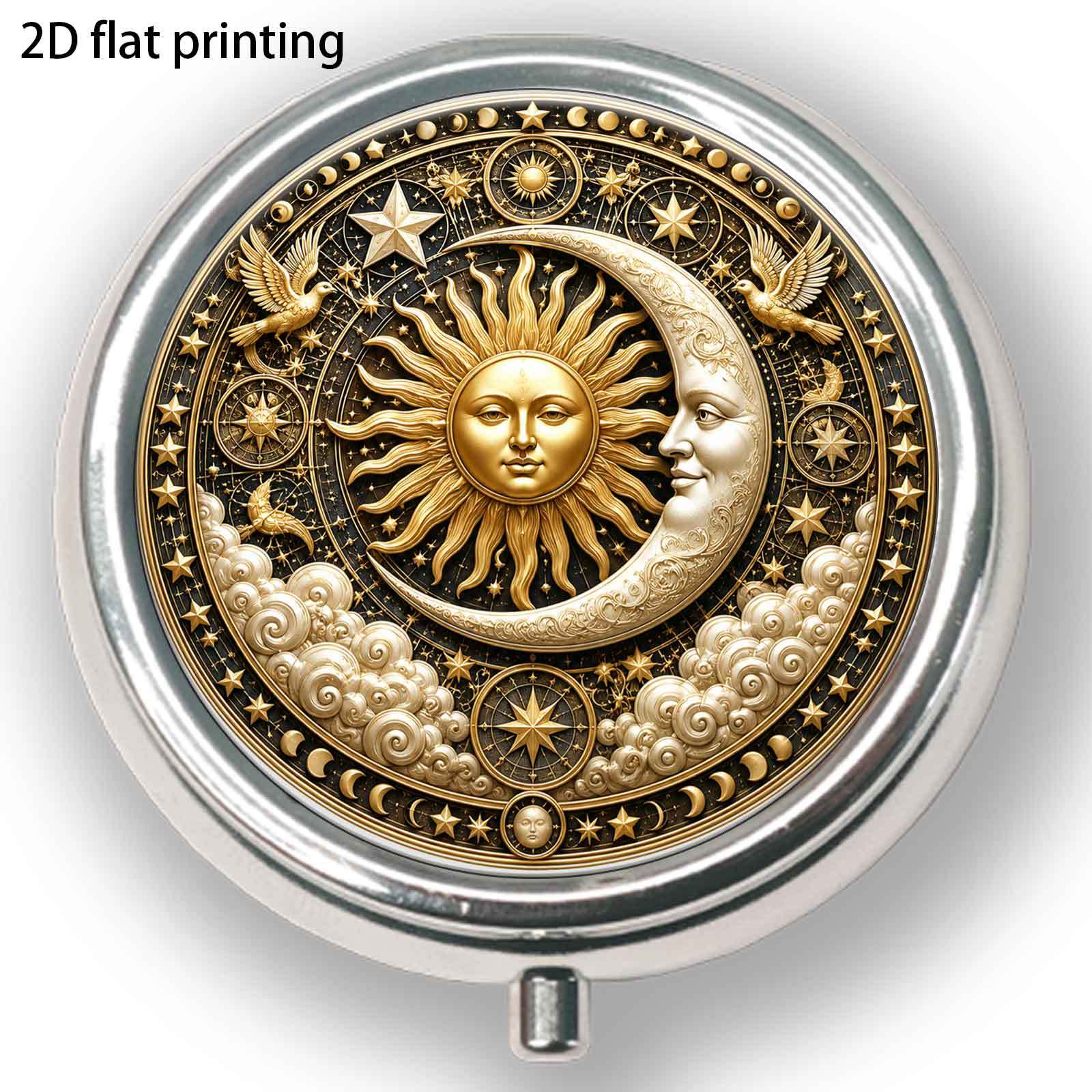 TEMU 1pc 2d Flat Retro Sun Stars Relief Metal Pattern, -compartment Small Pill Box, Portable Medicine Storage, Small Jewelry Organizer, Suitable For