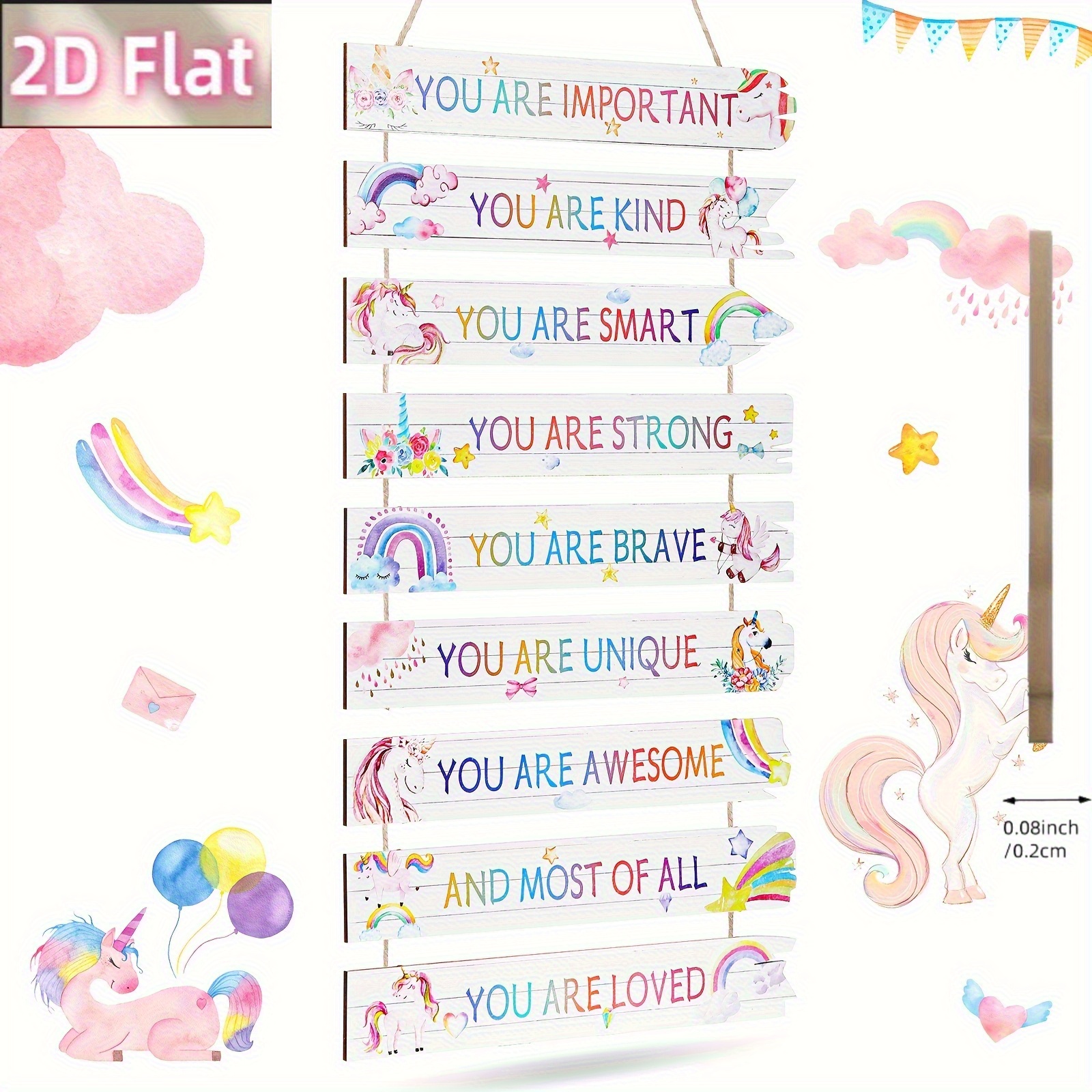 TEMU 2d Flat - A Set Of 9 Wooden Watercolor-inspired Quote Wall Decorations Featuring Unicorns, Decorating A Princess Room In A 2d Style