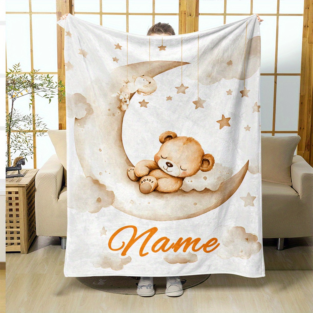 TEMU 1pc Personalized Moon Design Teddy Bear Fleece Blanket, Custom Name, Lightweight, Warm, Soft Fiber, Machine Washable, For Sofa, Bed, Travel,