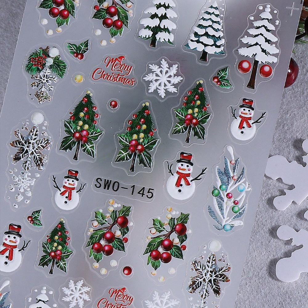 1pc 5d Christmas Designs For Nail Stickers Green Holly Christmas Decals Snowman Snowflake Styles 5d Embossed Self-adhesive Manicure Sliders For Nail Supplies Xmas For Nails, New Year Winter Designs
