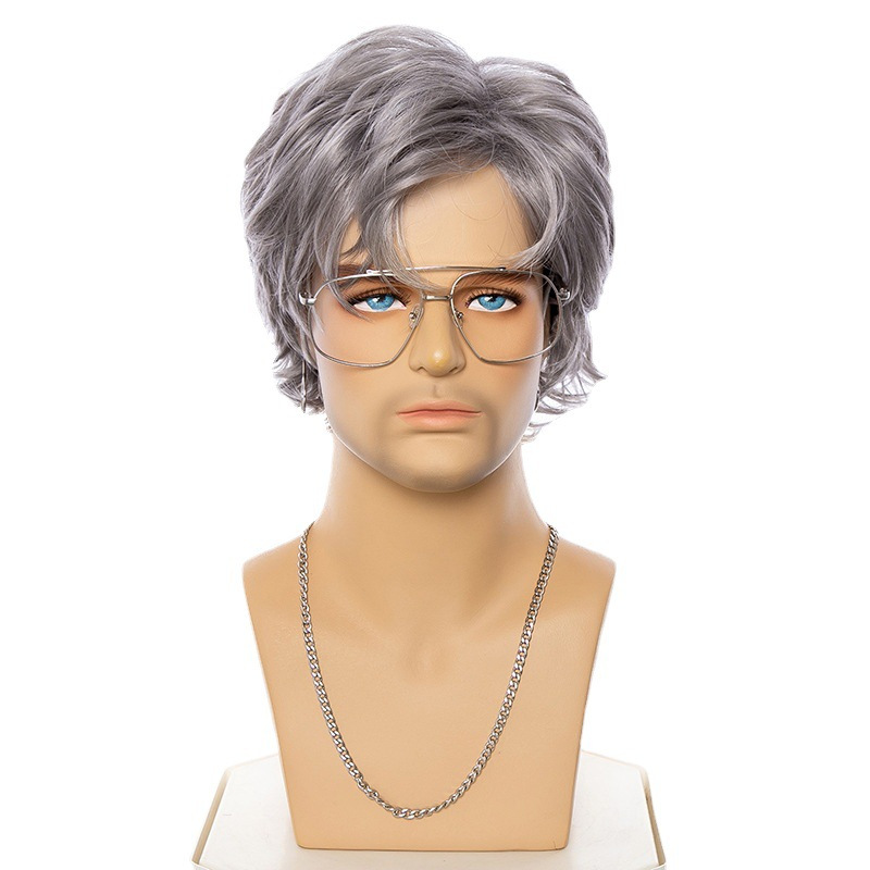 fashionable european and american mens short curly silvery gray synthetic high temperature silk wig cap with a side part details 1