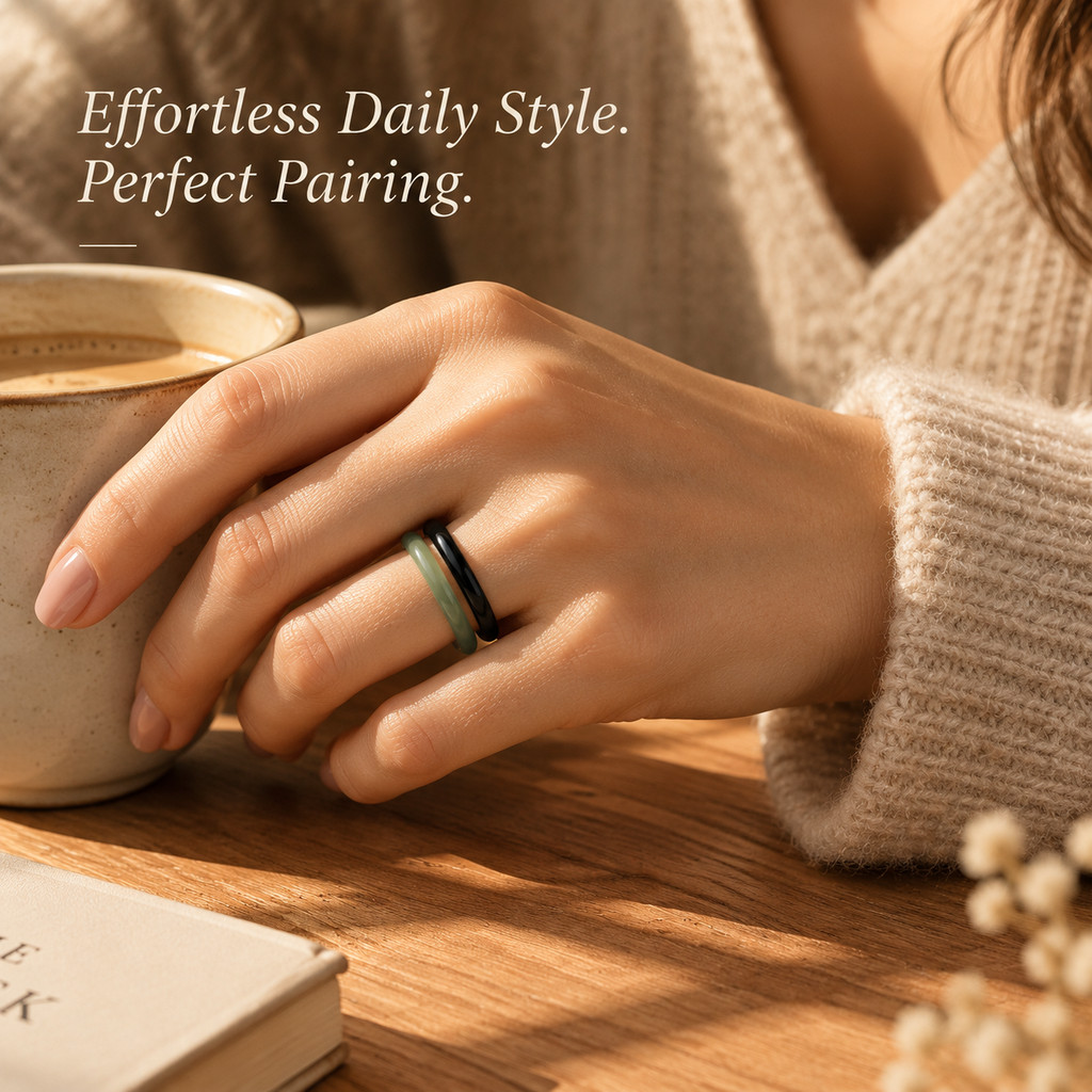 2pc Natural Stone Ring Set with Black & Green Agate