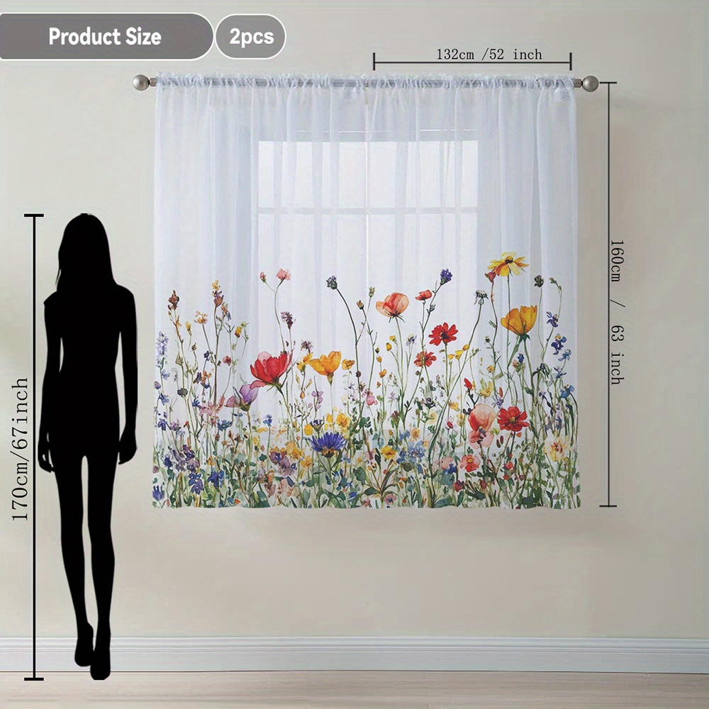TEMU 2pcs Floral Home Decor Sheer Curtains With Rod Pocket, Elegant Sheer Drapes Suitable For Kitchen Living Room Balcony Garden