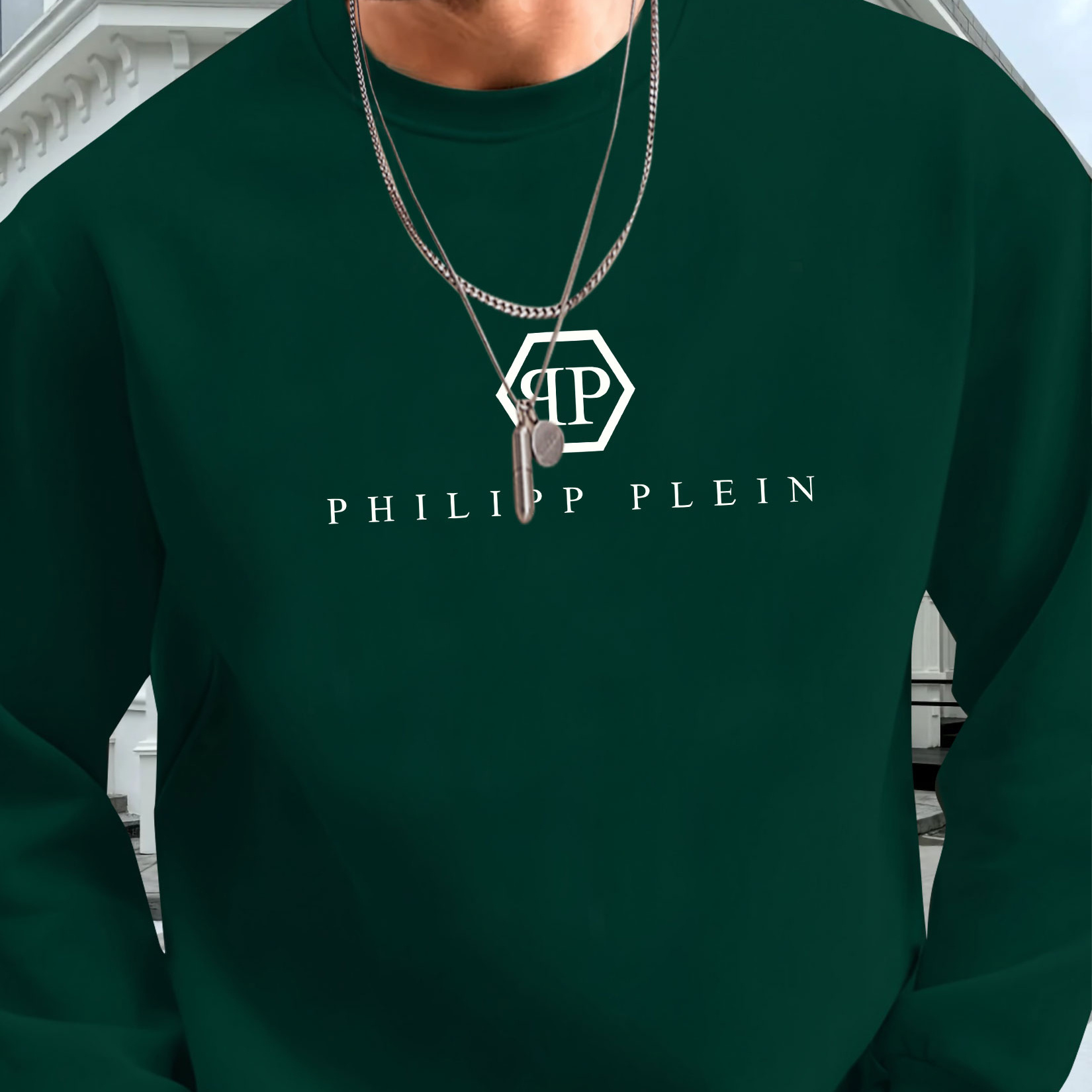 

1pc Philipp Plein Men's Casual Long Sleeve Crew Neck Sweatshirt, 100% Polyester Knit Fabric, Loose Fit, Printed Graphic Tee