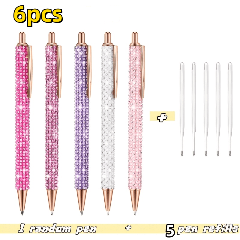 TEMU Set da 6 penne a sfera con strass, 1 penna casuale + 5 ricariche, penna da scrittura regalo creativa, scrittura elegante, gamma, materiali