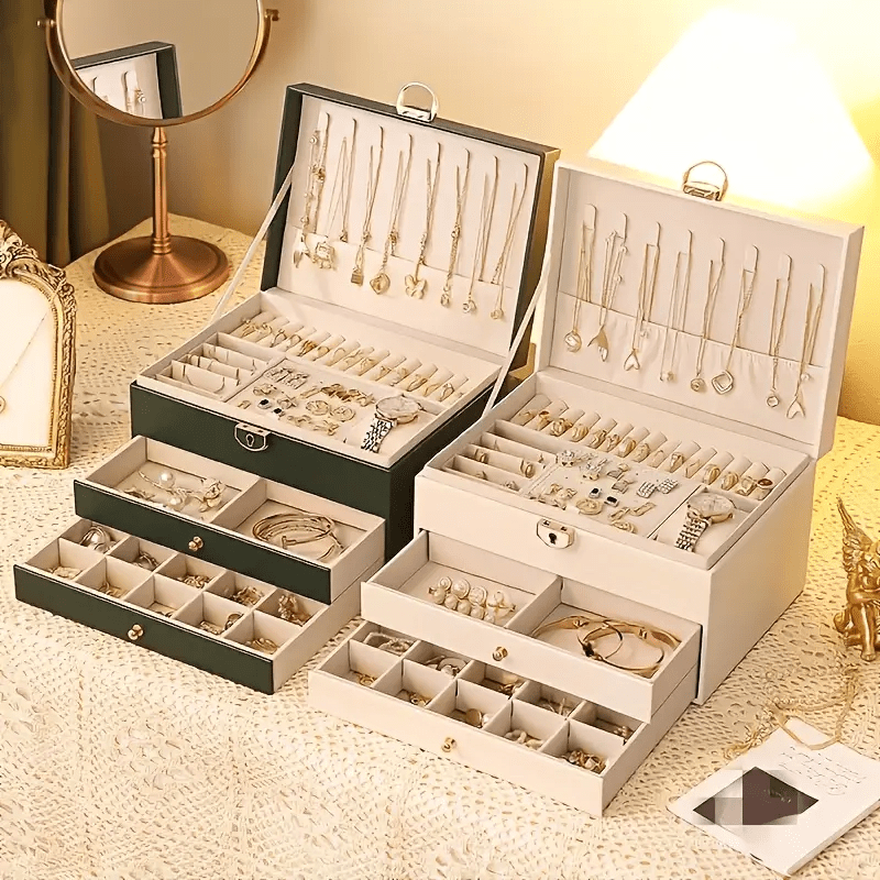 elegant vintage style jewelry box with   layer   leather   hardware pink     necklaces bracelets and earrings ideal for home decor and fashion enthusiasts jewelry gift box jewelry boxes Product details 0