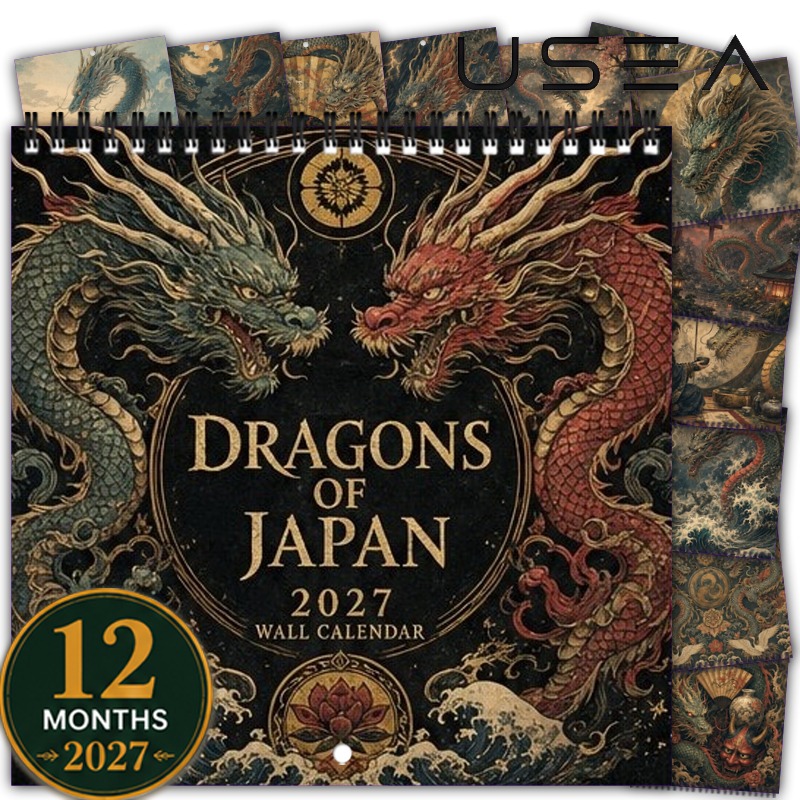 TEMU 2027 Wall Calendar,1pc 2027 Dragons Of Japan Wall Calendar, 12-month Hanging Calendar With Twin Wire Spiral Binding, Mythical , Ideal Gift For