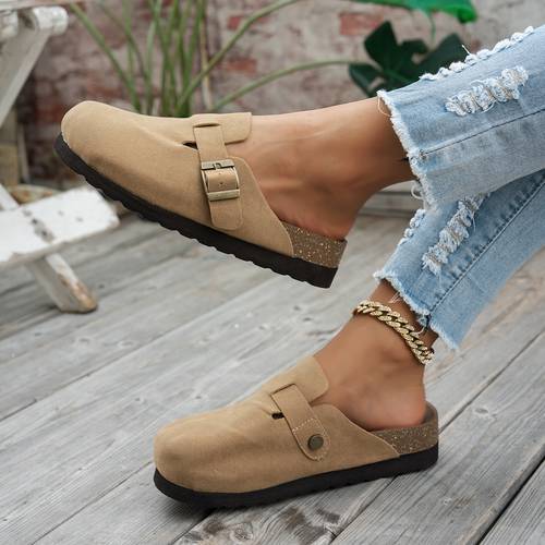 Women s Round-Toe Mules - Beige/Brown/Black/Blue/Gray/White - Slip-Resistant Arch Support & Cushioned Insole - Indoor/Outdoor Sandals - Casual to Formal Shoes for Everyday & Formal Events - Comfortable & Versatile Slip-Ons with Synthetic Lining & Durable Rubber Sole - Trendy Brown Fabric Upper with Strap & Golden - Breathable & Lightweight for Summer Wear