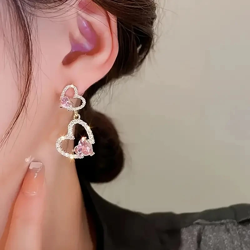 1 pair elegant pink heart drop earrings for women luxurious with sparkling crystals perfect valentine s day gift or party jewelry cute and stylish accessory valentines jewelry heartshaped earrings intricate details 5
