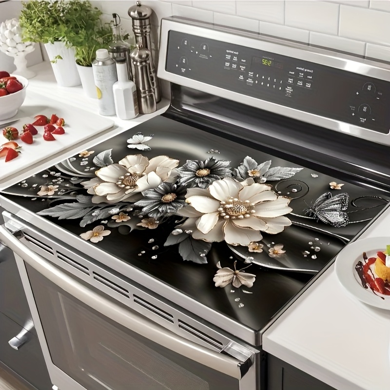 TEMU A Durable Polyester Gas Stove Top Protector Featuring A Black Floral And Design- Heat-resistant And Scratch-proof, Easy To Clean- Perfect For Any Kitchen, Stove Top Protector.