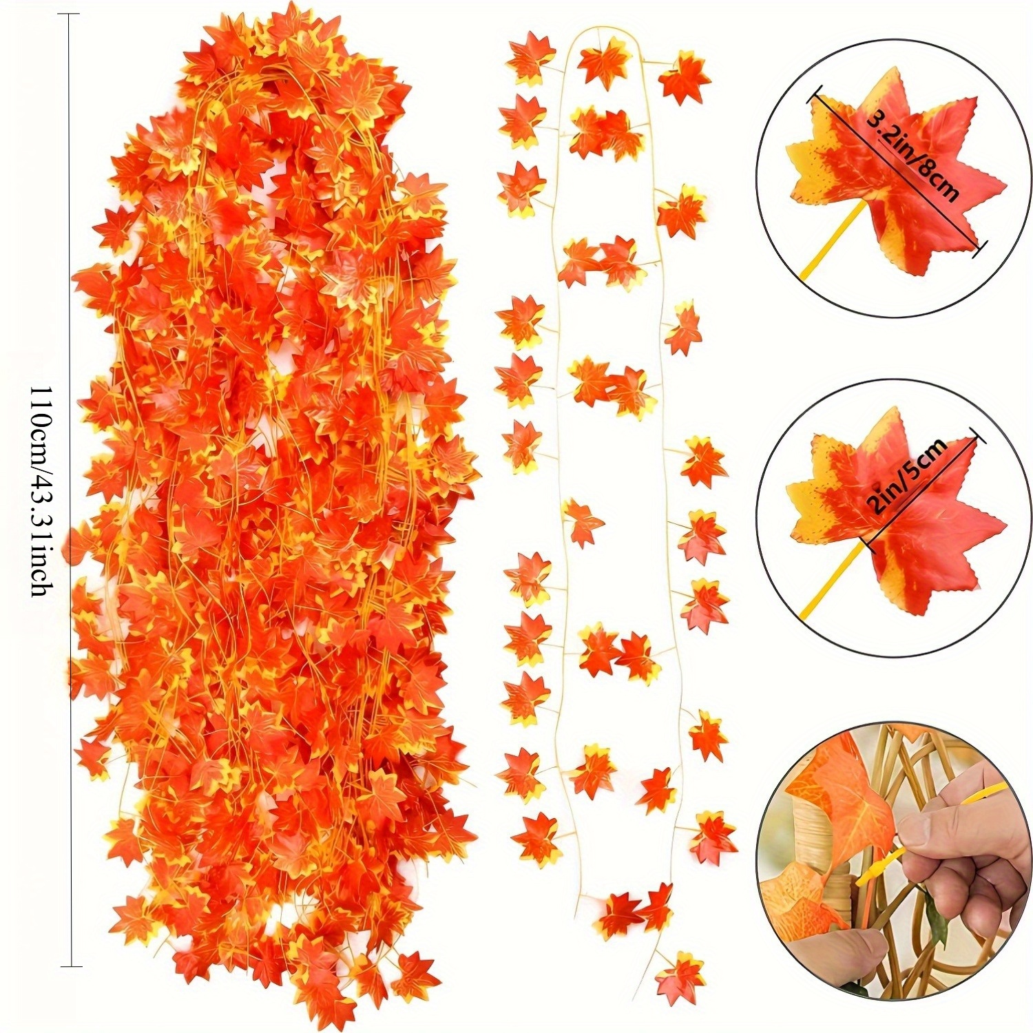 TEMU Guirnalda de 6 piezas de hojas de de otoño realistas - 3 pies de follaje artificial naranja- con enredaderas colgantes, plástico duradero