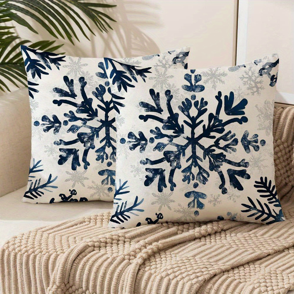 TEMU 2-pack Cozy Fleece Christmas Throw Pillow Covers Navy Blue With Snowflakes & Reindeer - Soft Warm Cushion Cases Suitable For Couch, Bed, Sofa - Machine Washable Zippered Winter Decor 18x18 Inch