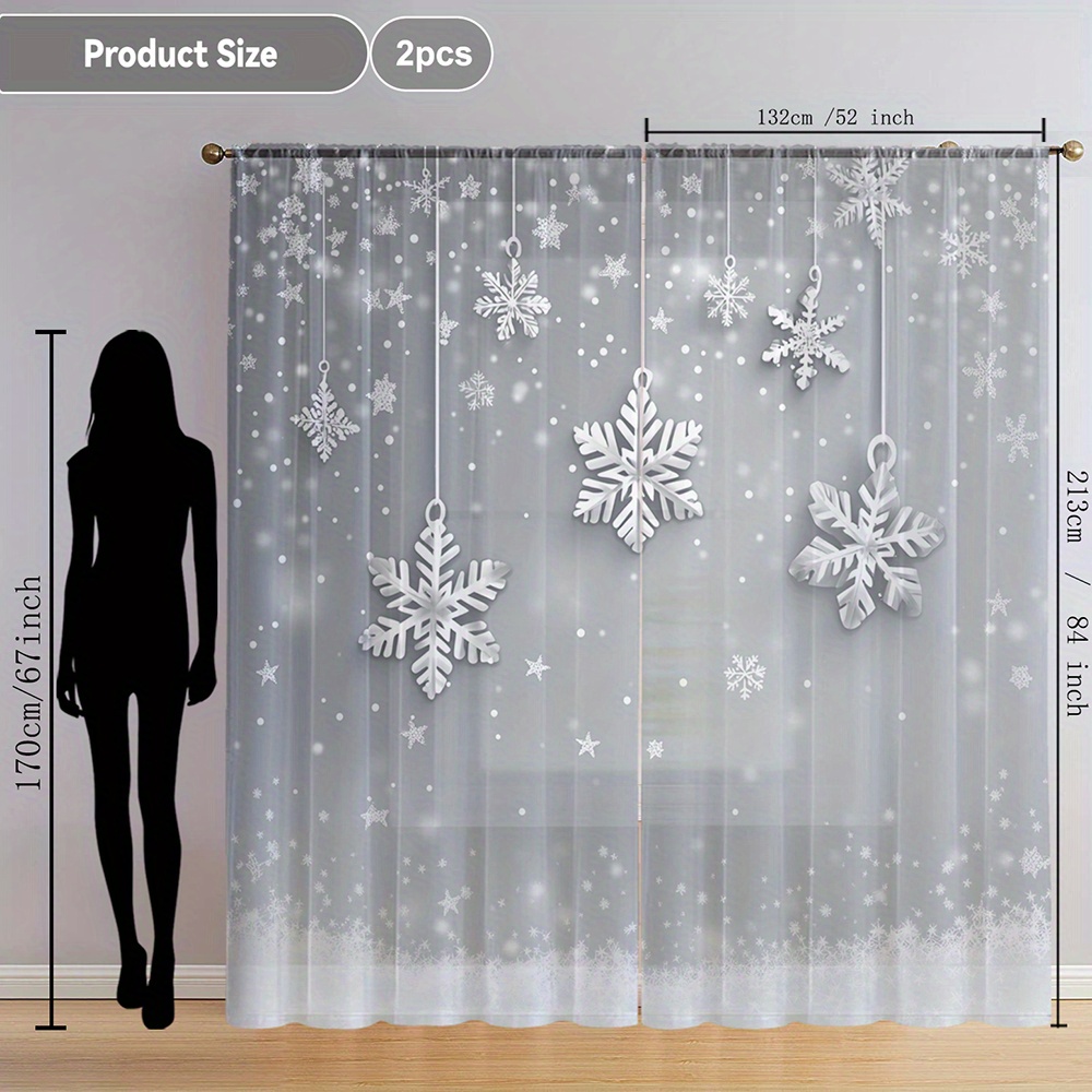 TEMU 2pcs Rideaux Voilages Décorations d'Intérieur Imprimés Style Froid d'Hiver de Neige, Draperies de Fenêtre Fluentes Adaptées , Café, Salle à