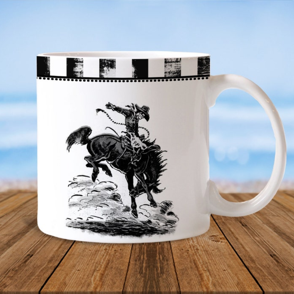 

Ceramic Coffee Mug – 11oz Double-sided Print, Western , White With Black & Gray Stripes, Office, Home, Or Gift , Gift Coffee Mug | Western Decor Item | Decorative Mug, Coffee Bar Accessories