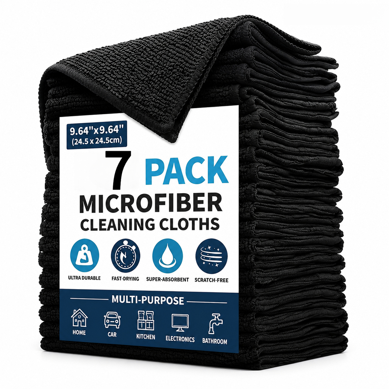 TEMU 7pcs Set Of Black Cleaning Cloths, 9.6x 9.6 Inch Microfiber Cloths, Absorbent Cleaning Cloths, Suitable For Household Cleaning, Kitchen Dish