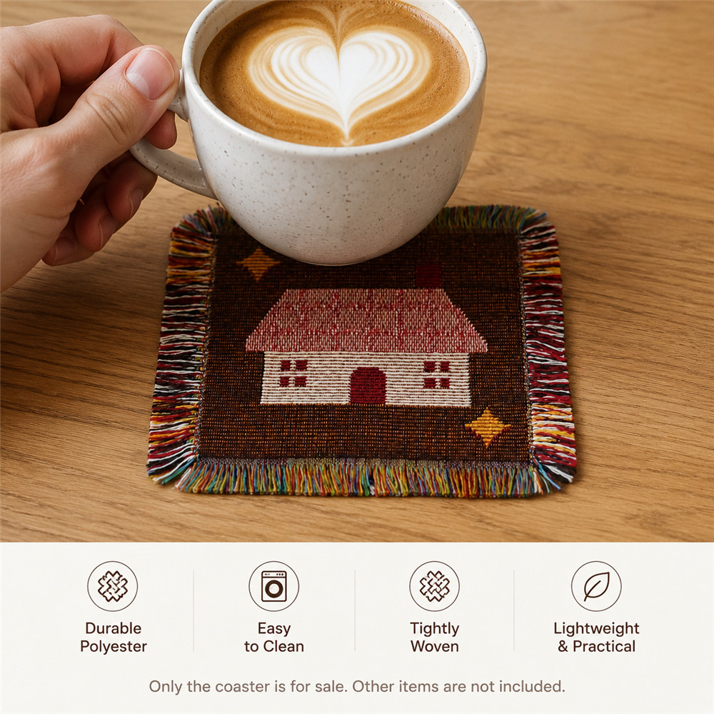 TEMU Soft Aesthetic Polyester Woven Cup Mats, Square Decor Pieces With Vibrant Multicolor Fringe Trim, Sweet Of Kitten Heart Letter Cottage And ,