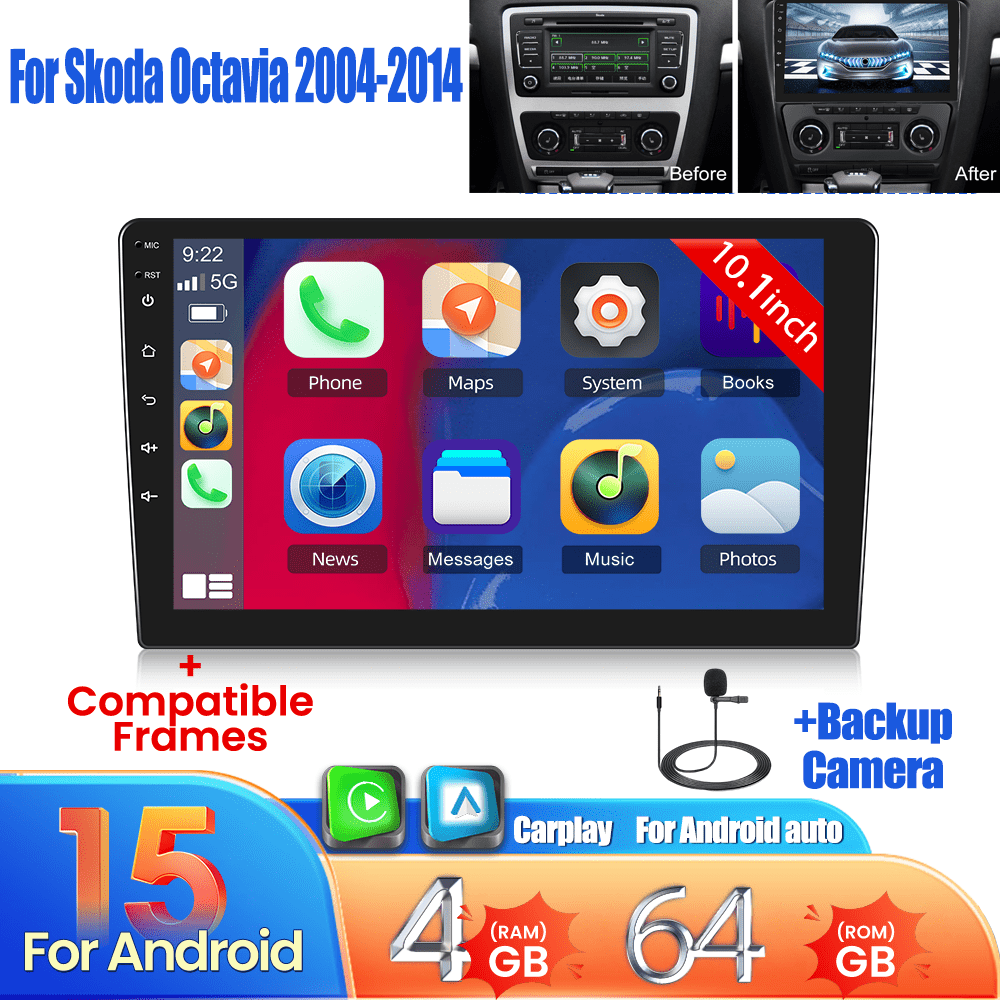 [4+64gb] 15 For Tskoda Octavia 2004-2014, 10-inch Touchscreen With Carplay, Auto Wireless, Radio Screen, Gps, Fm, Microphone, Ahd Backup Camera