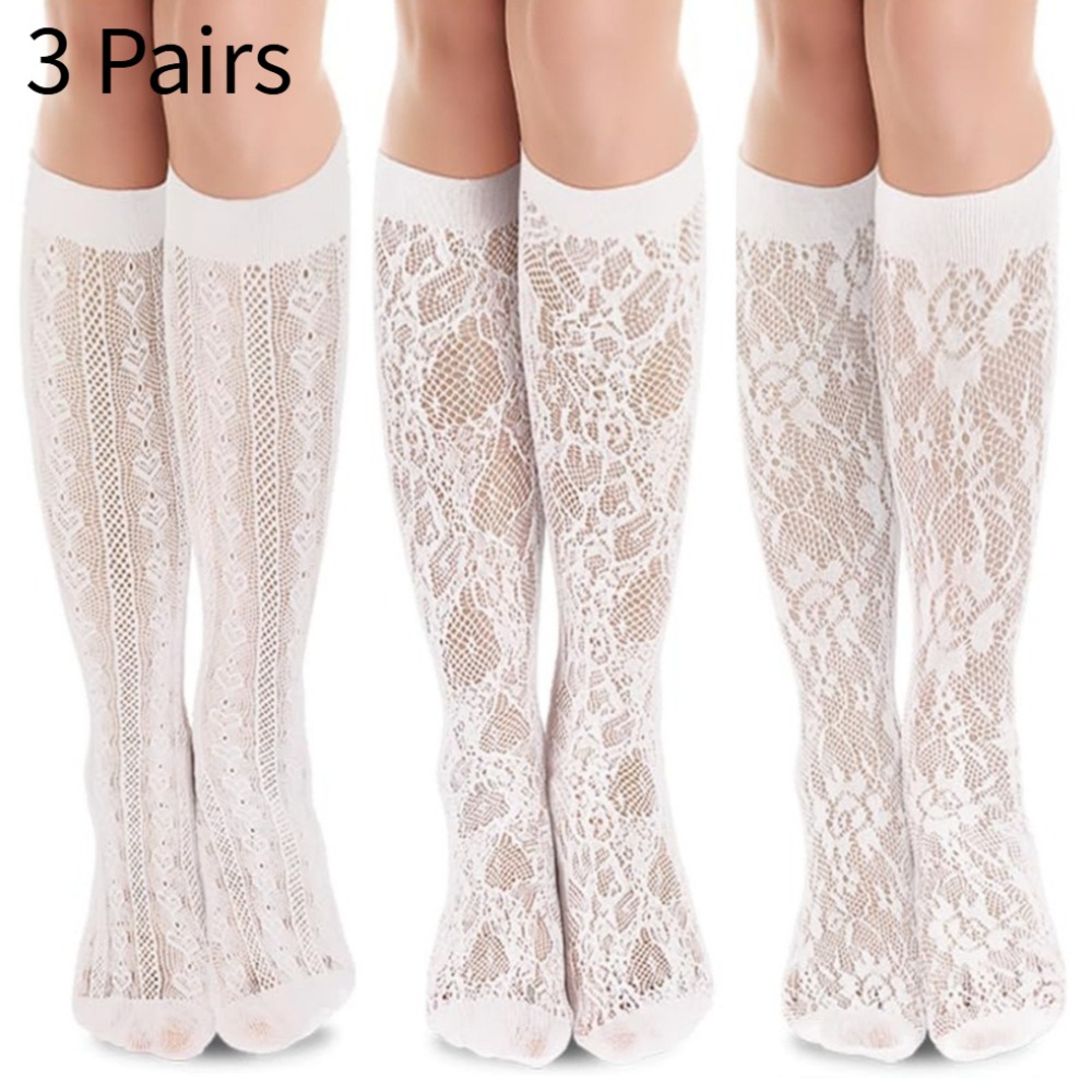 TEMU 3-pair Women's Summer Thin Lace Calf Socks, Lace Vine, Floral And Heart Designs, Casual Wear Socks, All-match Lace Long Socks, Elastic And