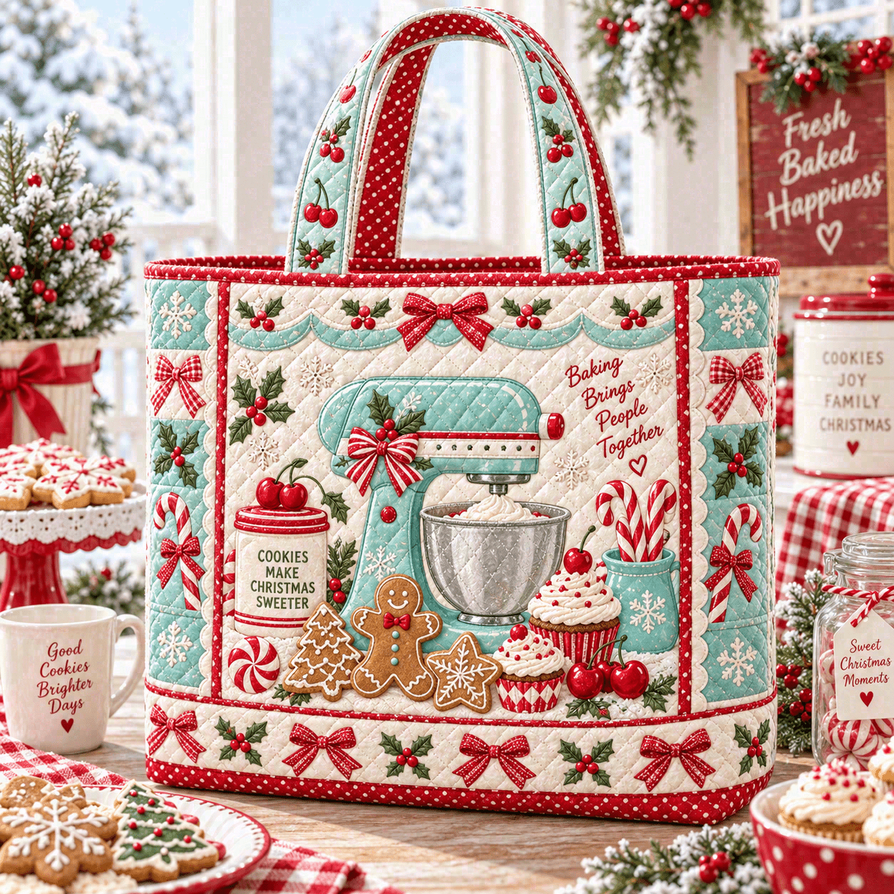 TEMU Quilted Tote Bag For Women, Holiday Baking Mixer Candy Cane Print, Retro Kitchen Style, Large Capacity Fabric Tote Bag For Shopping, Travel,