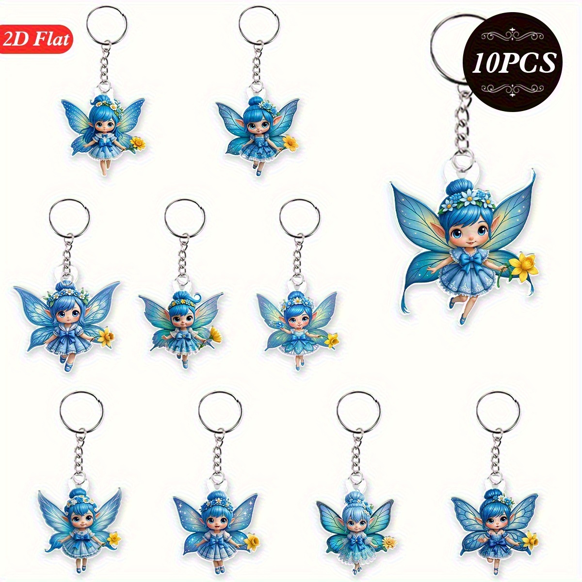 TEMU 10pcs Keychain Set With Acrylic & Metal Charms - Floral Elf Figures, Elf Heads & Accessories For Bags, Backpacks, Party Favors - Birthday,