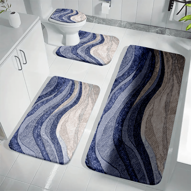 E-shop 4er-Set Luxuriöse Wellenmuster Nordisches Design Badezimmer Rutschfeste Matte, Verlängerte Verdickte WC-Matte, Bequeme U-förmige Matten,