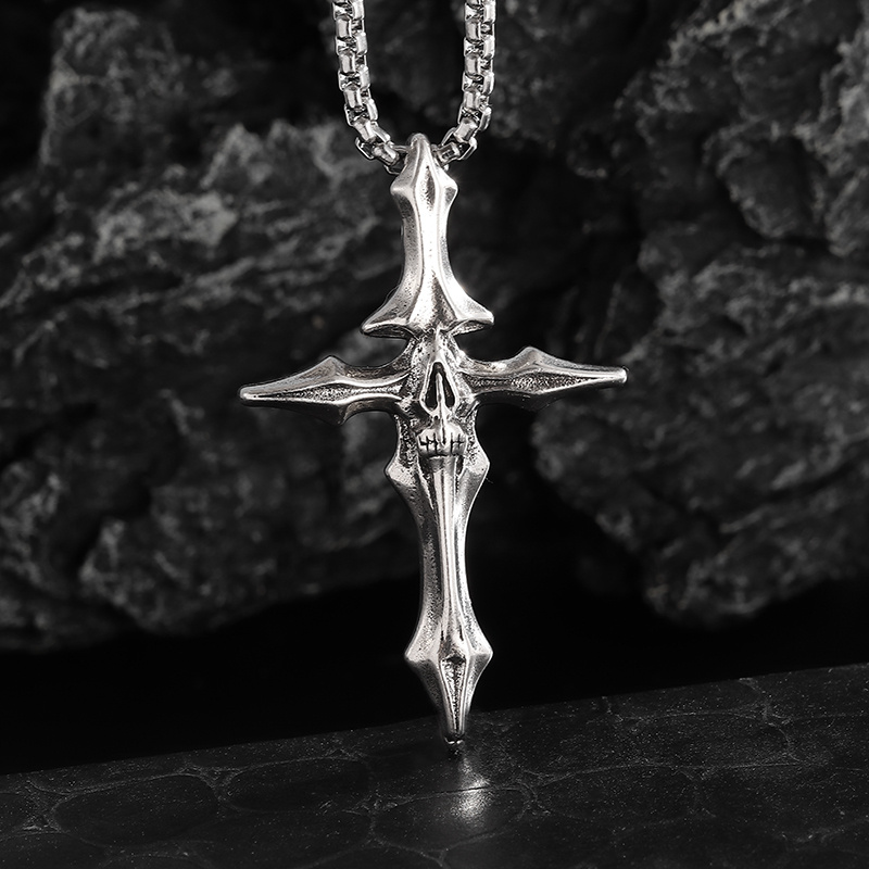 Punk Dark Skull Bone Cross Necklace, Trendy Pendant