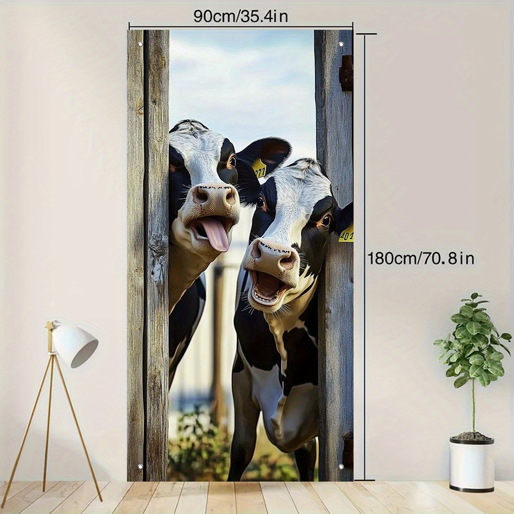TEMU 2D-deurbanner, 1pc Front Porch Backdrop Banner - 35.4x70.8 Inch Levendige Naakte Koe Ontwerp, Duurzaam Polyester Feestdecoratie voor Bruiloften,